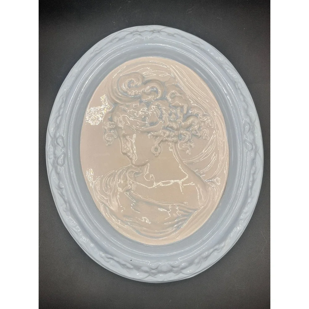 Pair Vtg Chalkware Cameo Wall Plaques Blue‎ White Oval Relief Portraits 12x10.5